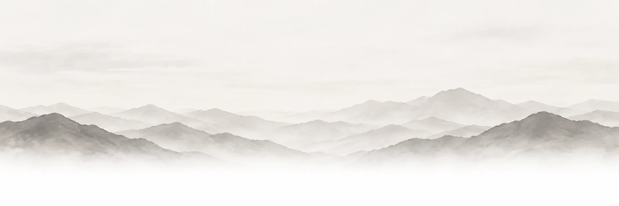 A monochrome ink-wash study of layered mountain ridgelines receding into haze, fading into a white page.